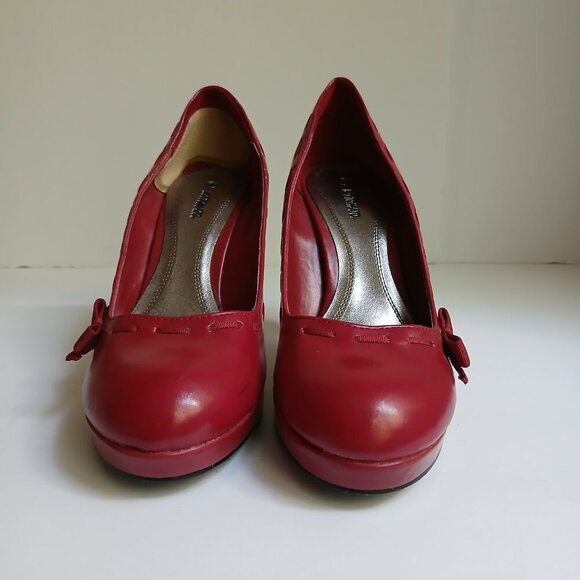 Hot Tomato Red Pleather Round Toe Grosgrain Weave & Bow Detail Pinup Pumps Sz 8 - Picture 2 of 10